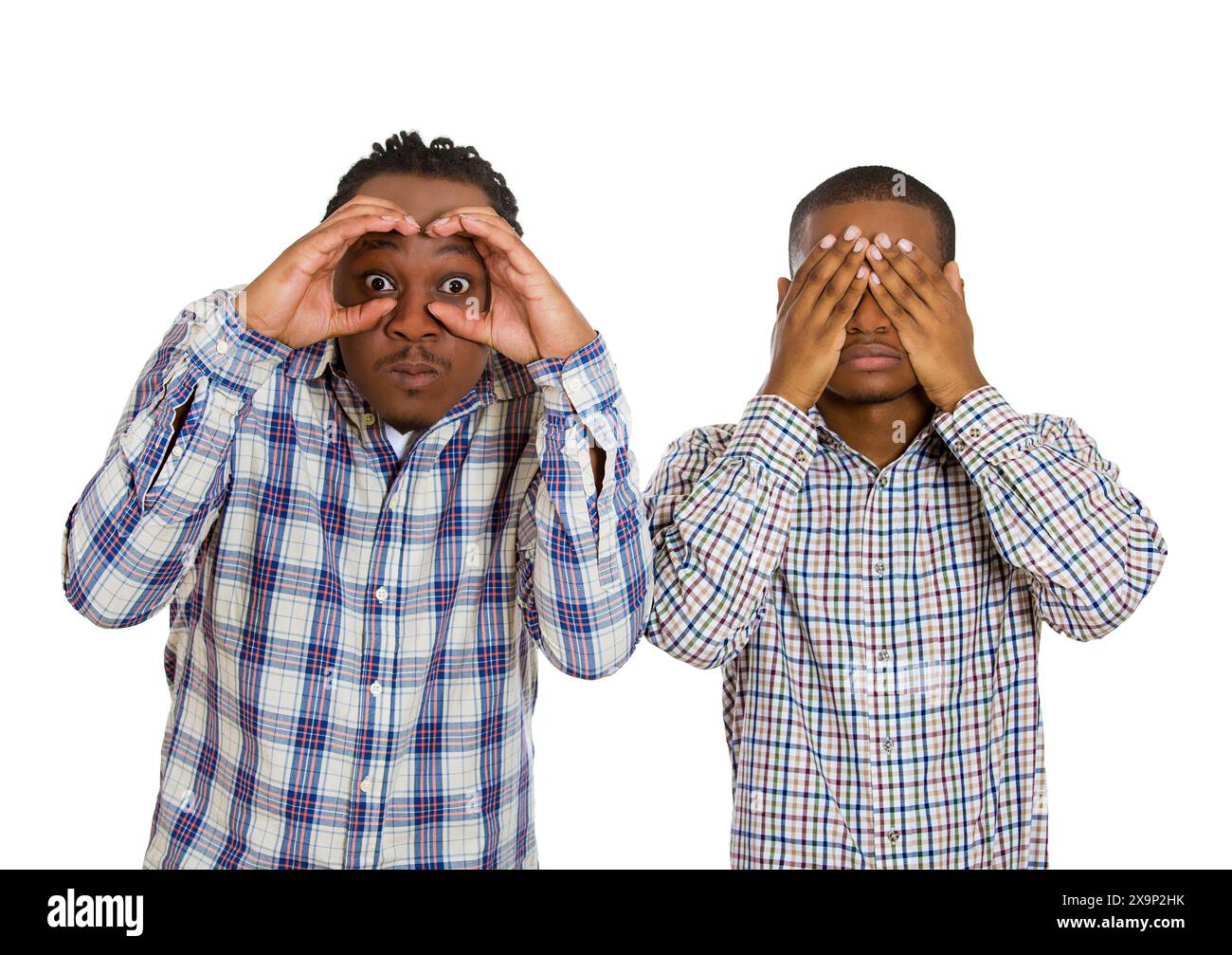 Closeup portrait two men, employees, one closing his eyes, quiet, calm, avoiding situation, blind, second active showing interest looking curious, spy Stock Photo