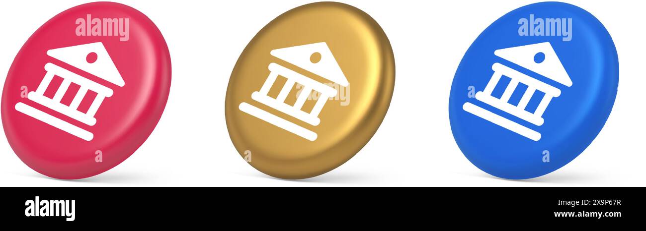 Museum antique building columns button gallery mythology civilization house 3d realistic pink gold blue icons. Courthouse ancient bank historical cult Stock Vector