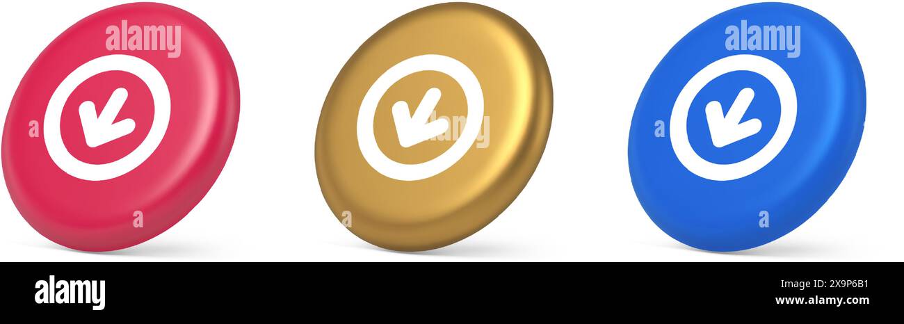 Down arrow circle frame button web interface pointer navigation app 3d realistic pink gold blue icons. Downloading symbol round cursor control digital Stock Vector
