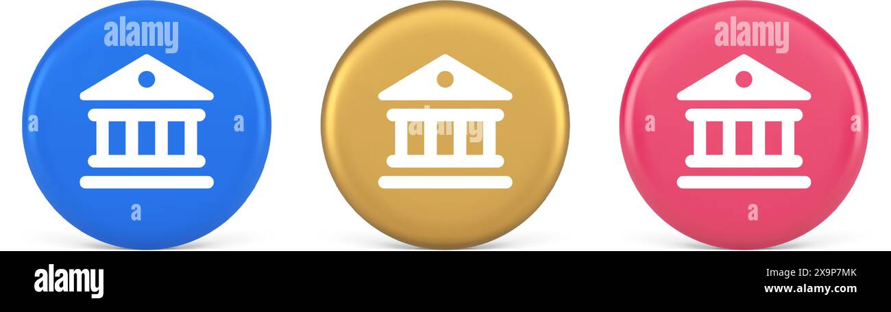 Museum antique building columns button gallery mythology civilization house 3d realistic blue gold and pink icons. Courthouse ancient bank historical Stock Vector