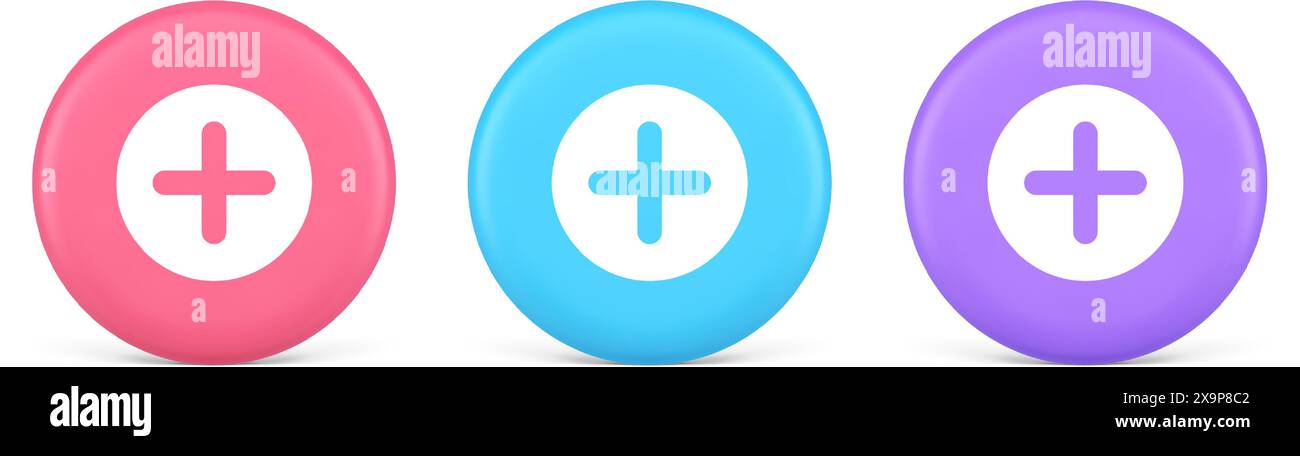 Plus add button mathematical addition symbol 3d realistic pink blue and ...