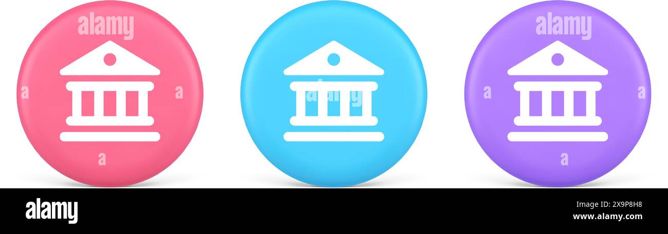 Museum antique building columns button gallery mythology civilization house 3d realistic pink blue and purple icons. Courthouse ancient bank historica Stock Vector
