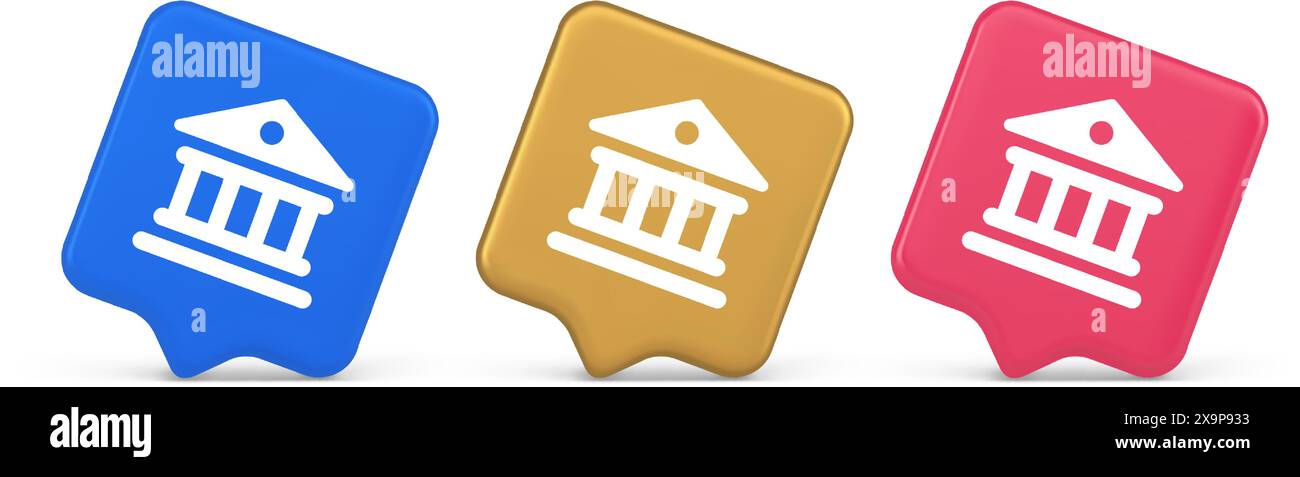 Museum antique building columns button gallery mythology civilization house 3d realistic speech bubble blue gold and pink icons. Courthouse ancient ba Stock Vector