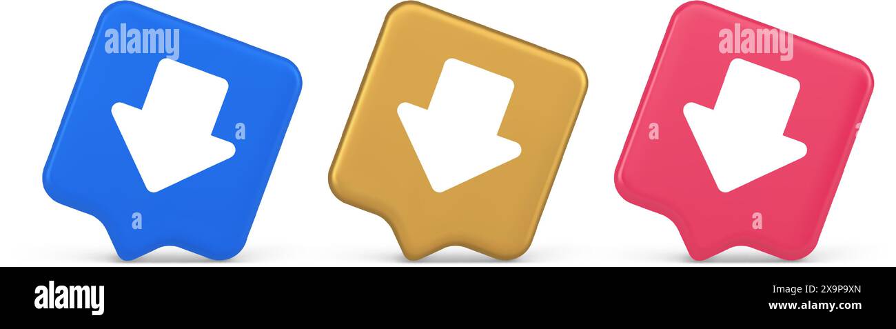 Arrow down button keyboard navigation pointer cyberspace downloading web app 3d realistic speech bubble blue gold and pink icons. Application user int Stock Vector