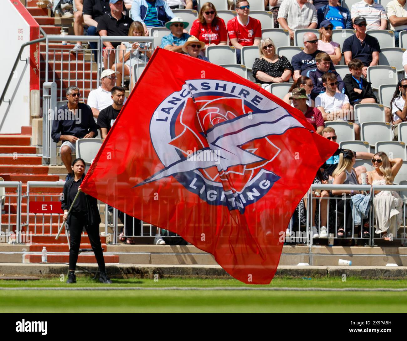 Manchester, UK. 2nd June 2024; Emirates Old Trafford Cricket Ground, Manchester, England; Vitality Blast T20 League Cricket, Lancashire Lightning versus Derbyshire Falcons; The Lightning flags are flying at Old Trafford Credit: Action Plus Sports Images/Alamy Live News Stock Photo