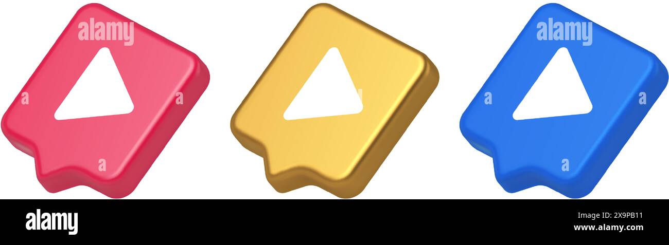Play button triangle right arrow multimedia content player web app design 3d realistic speech bubble blue gold and pink icons. Audio video media start Stock Vector