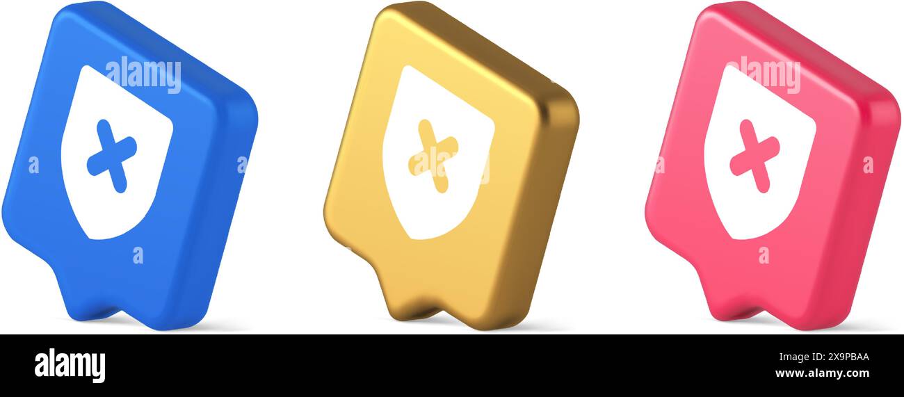 Decline shield button cross mark wrong unsend defense virtual guard 3d realistic speech bubble blue gold and pink icons. Denied cancel element virtual Stock Vector