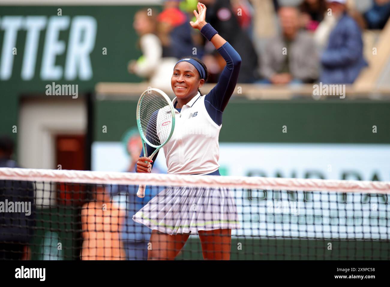 Roland Garros, Paris, France. 2nd June, 2024. 2024 French Open Tennis tournament, Day 8; Coco Gauff waves to the crowd after her 3rd round win beating Elisabetta Cocciaretto (Ita) Credit: Action Plus Sports/Alamy Live News Stock Photo