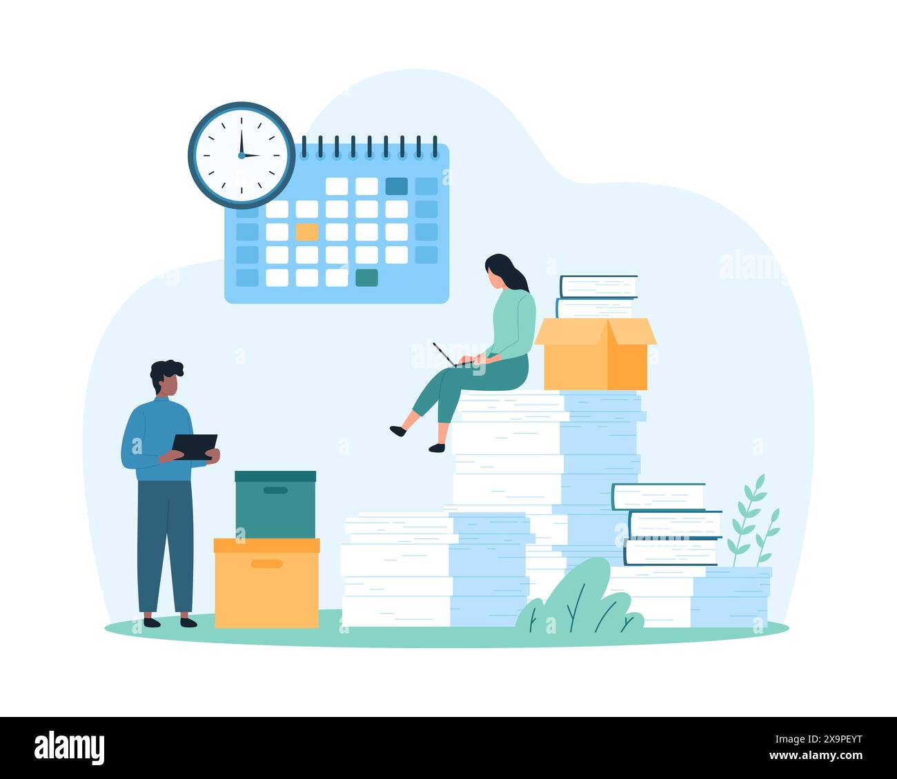 Office document management and data organization service, bureaucracy in company. Tiny people organize chaos piles of paper sheets into archive, directory and folder cartoon vector illustration Stock Vector