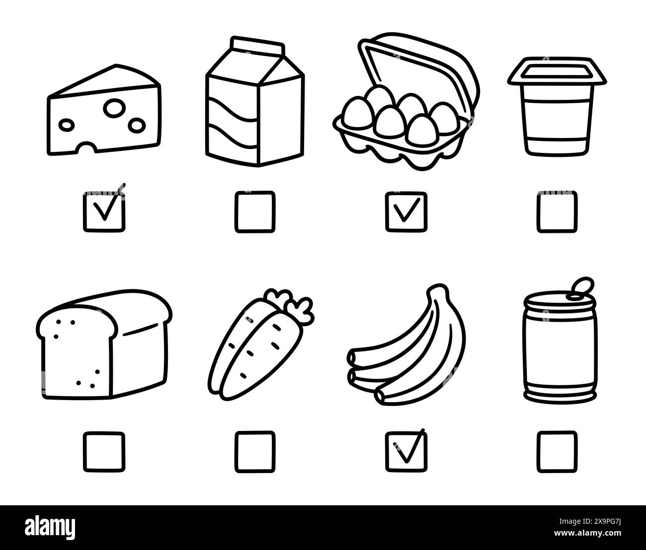 Grocery shopping list doodles. Bread, milk, eggs and cheese, bananas and other popular grocery items. Simple cartoon drawing, vector clip art illustra Stock Vector