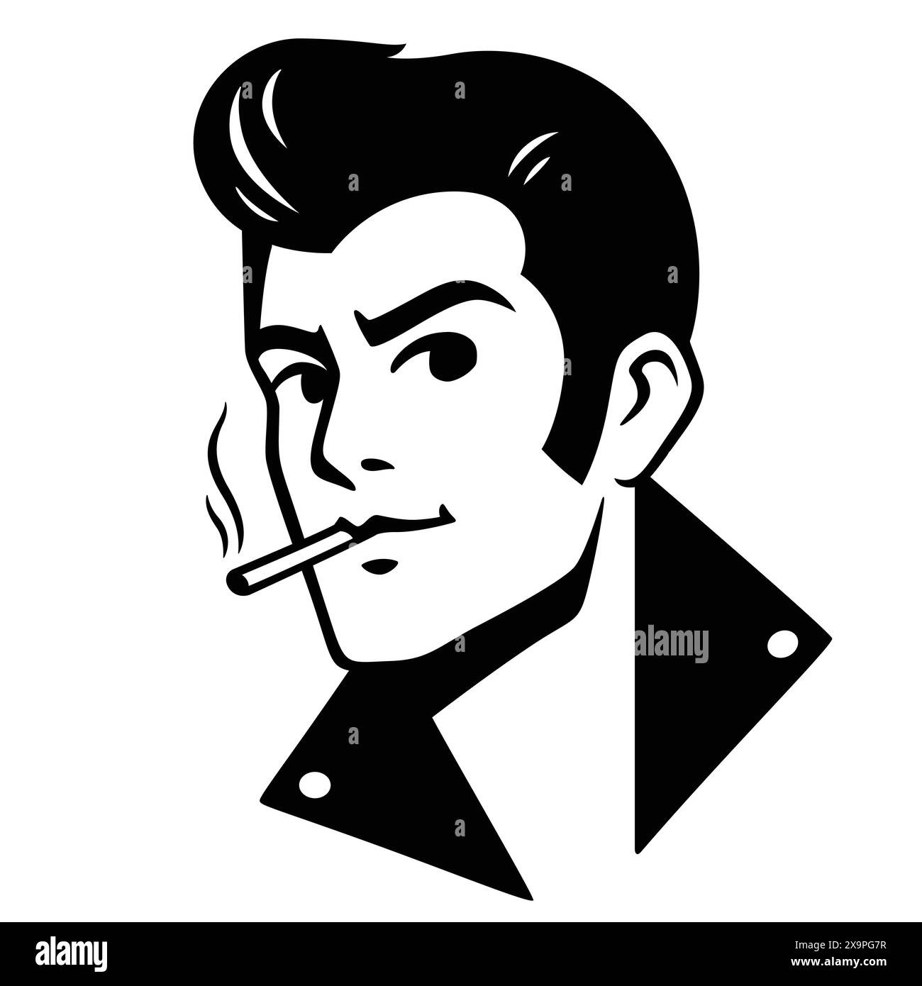 Black and white greaser character portrait drawing. Retro 50s style