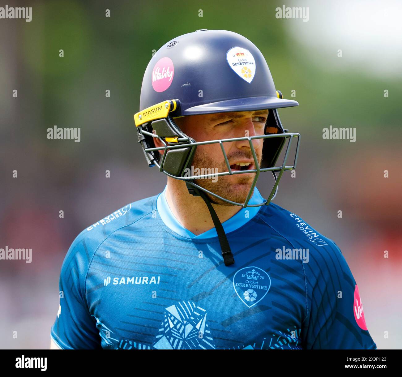 Manchester, UK. 2nd June 2024; Emirates Old Trafford Cricket Ground, Manchester, England; Vitality Blast T20 League Cricket, Lancashire Lightning versus Derbyshire Falcons; David Lloyd of Derbyshire Falcons Credit: Action Plus Sports Images/Alamy Live News Stock Photo