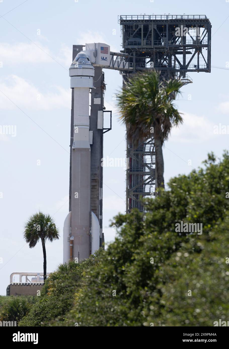 Cape Canaveral, United States of America. 31 May, 2024. The Boeing CST-100 Starliner spacecraft on top of the ULA Atlas V rocket as it prepares for launch from Space Launch Complex-41 at the Kennedy Space Center, May 31, 2024, in Cape Canaveral, Florida. The Starliner first manned Crew Flight Test has suffered a series of delays and is expected to launch on June 1st. Credit: Joel Kowsky/NASA Photo/Alamy Live News Stock Photo