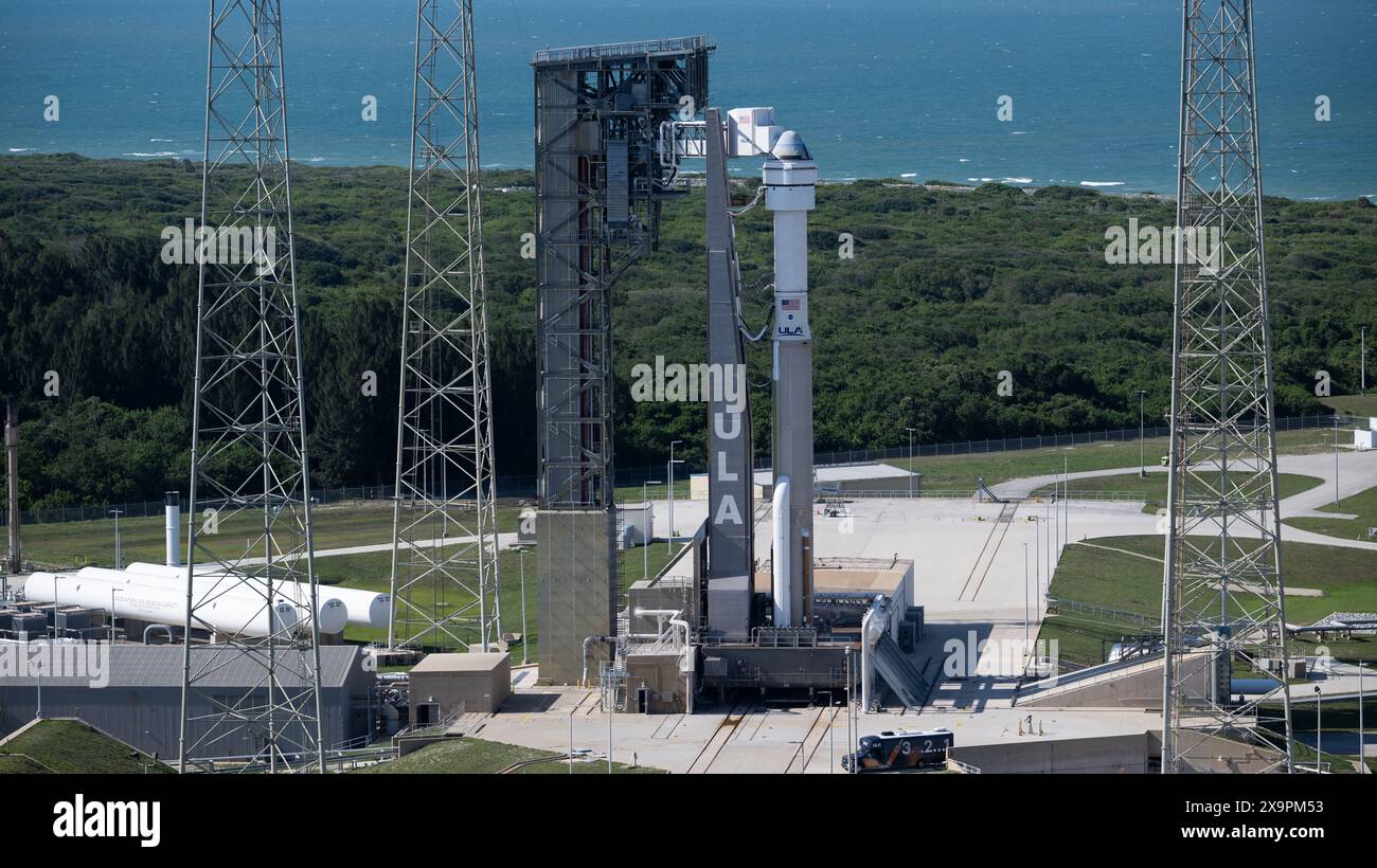 Cape Canaveral, United States of America. 31 May, 2024. The Boeing CST-100 Starliner spacecraft on top of the ULA Atlas V rocket as it prepares for launch from Space Launch Complex-41 at the Kennedy Space Center, May 31, 2024, in Cape Canaveral, Florida. The Starliner first manned Crew Flight Test has suffered a series of delays and is expected to launch on June 1st. Credit: Joel Kowsky/NASA Photo/Alamy Live News Stock Photo