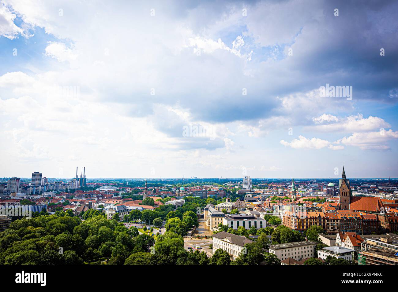 Hanover, Germany. 01st June, 2024. View from the dome of the New Town Hall towards the Linden district (l), towards the Calenberger Neustadt district (M) and towards the old town with the Marktkirche (r). Credit: Moritz Frankenberg/dpa/Alamy Live News Stock Photo