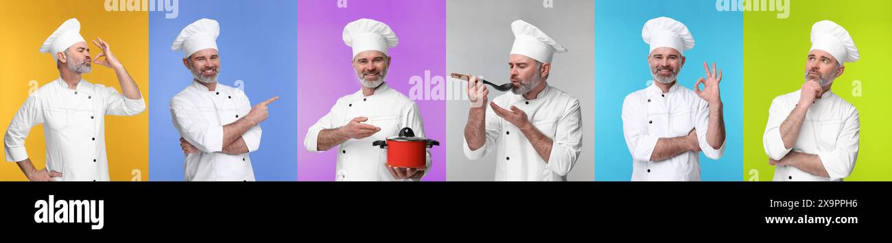 Collage with photos of professional chef on different color backgrounds Stock Photo