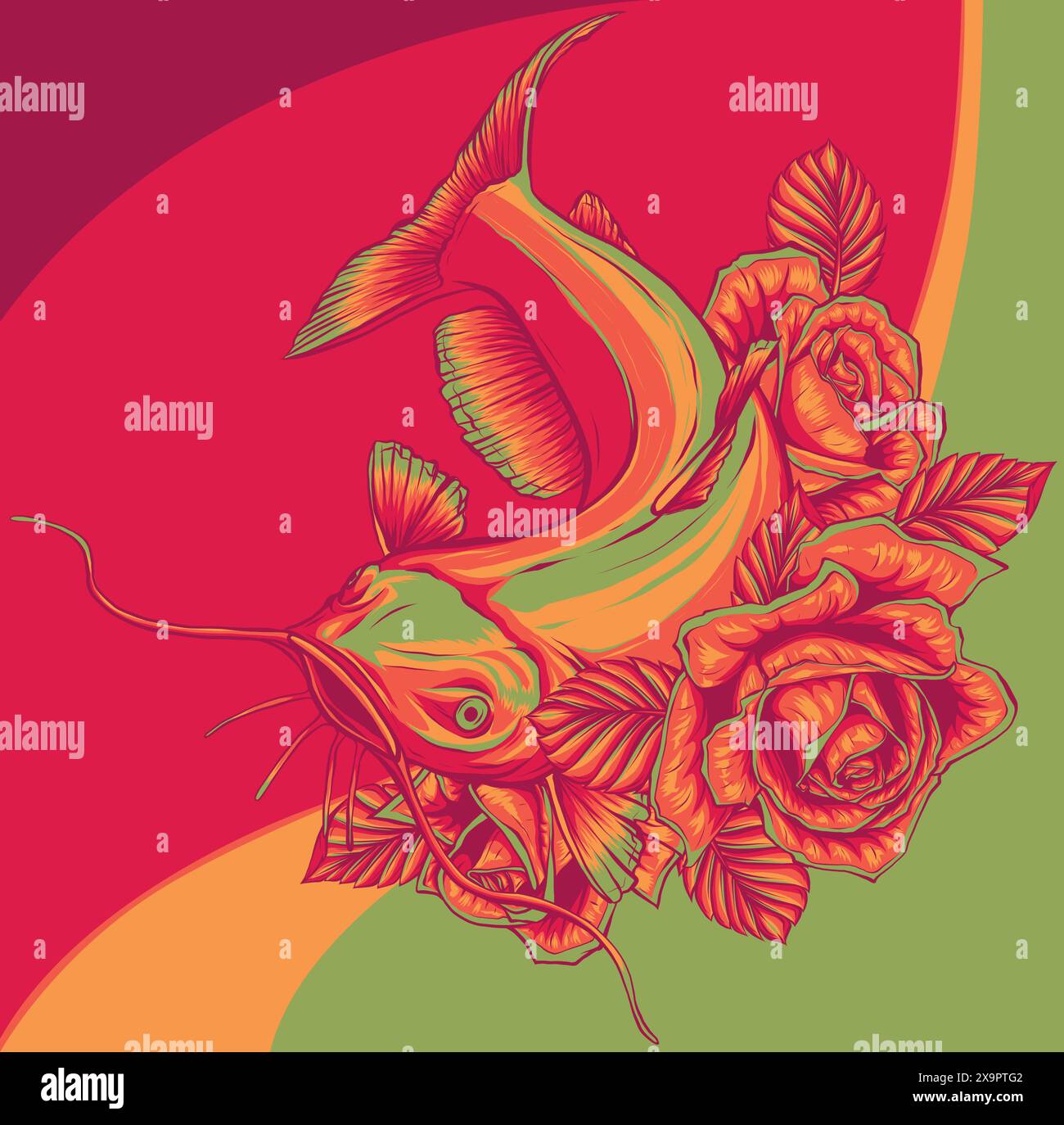 Vector illustration of a big freshwater catfish with flower Stock ...