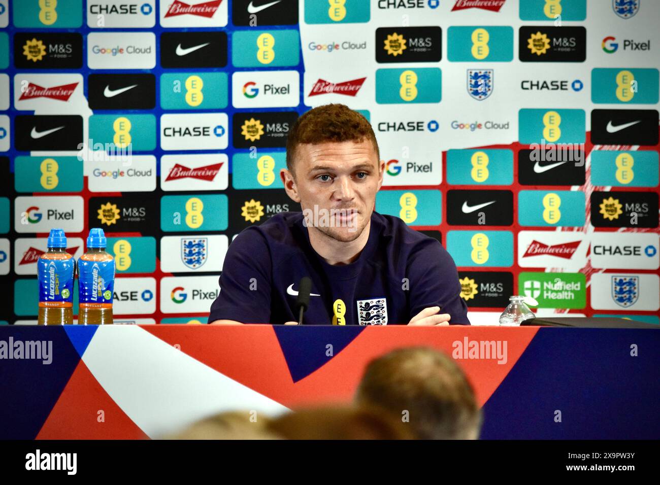 Darlington, UK. 02 Jun 2024. England player Kieran Trippier speaking to the media ahead of their game against Bosnia-Herzegovina as part of their preparations for the upcoming UEFA European Championships in Germany. Credit: James Hind/Alamy. Stock Photo