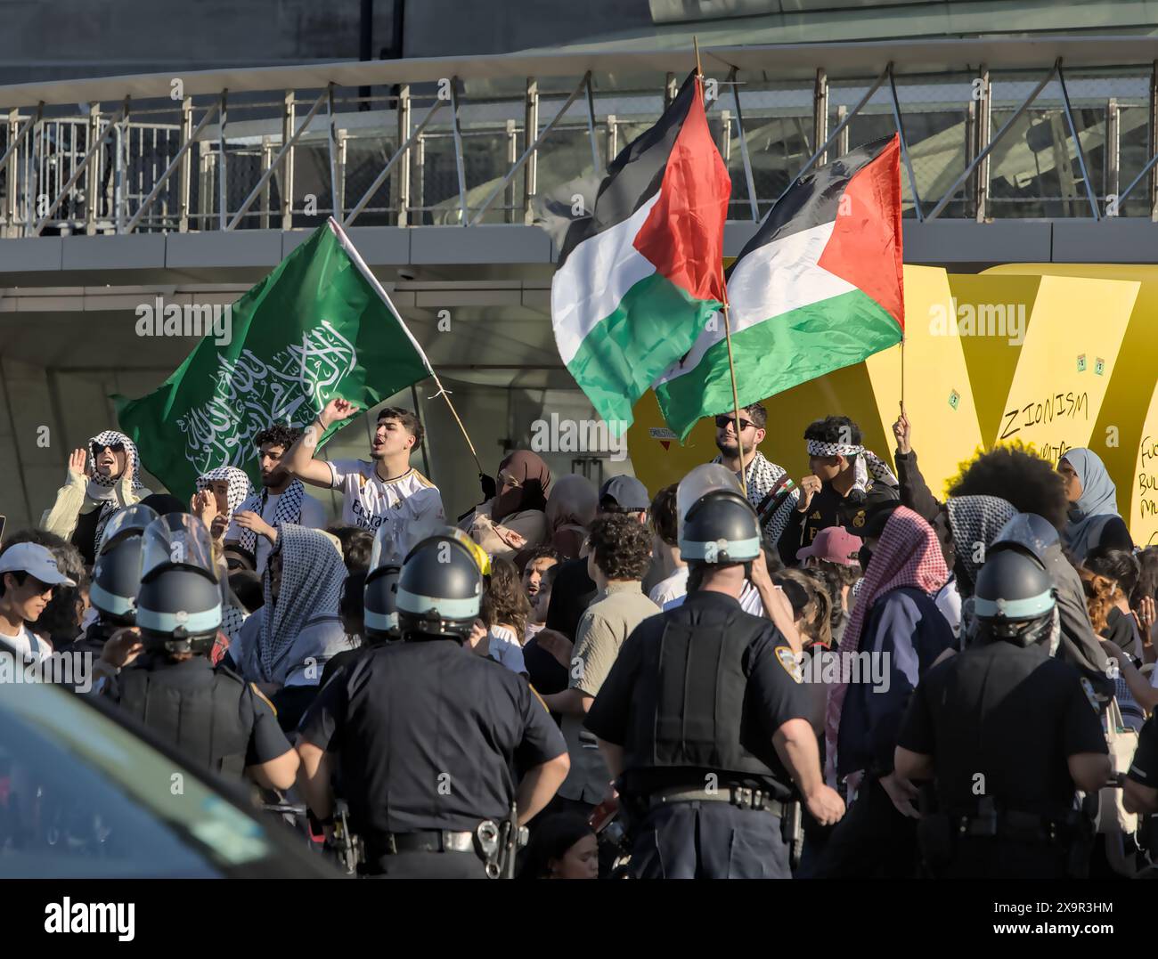 Brooklyn, NY - May 31 2024: Pro Palestine protesters wave Hamas flag in ...