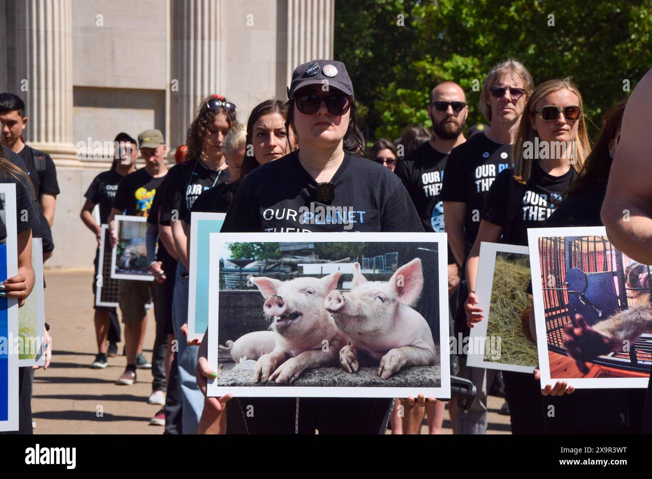 London, UK. 2nd June 2024. Animal rights activists gather with pictures ...