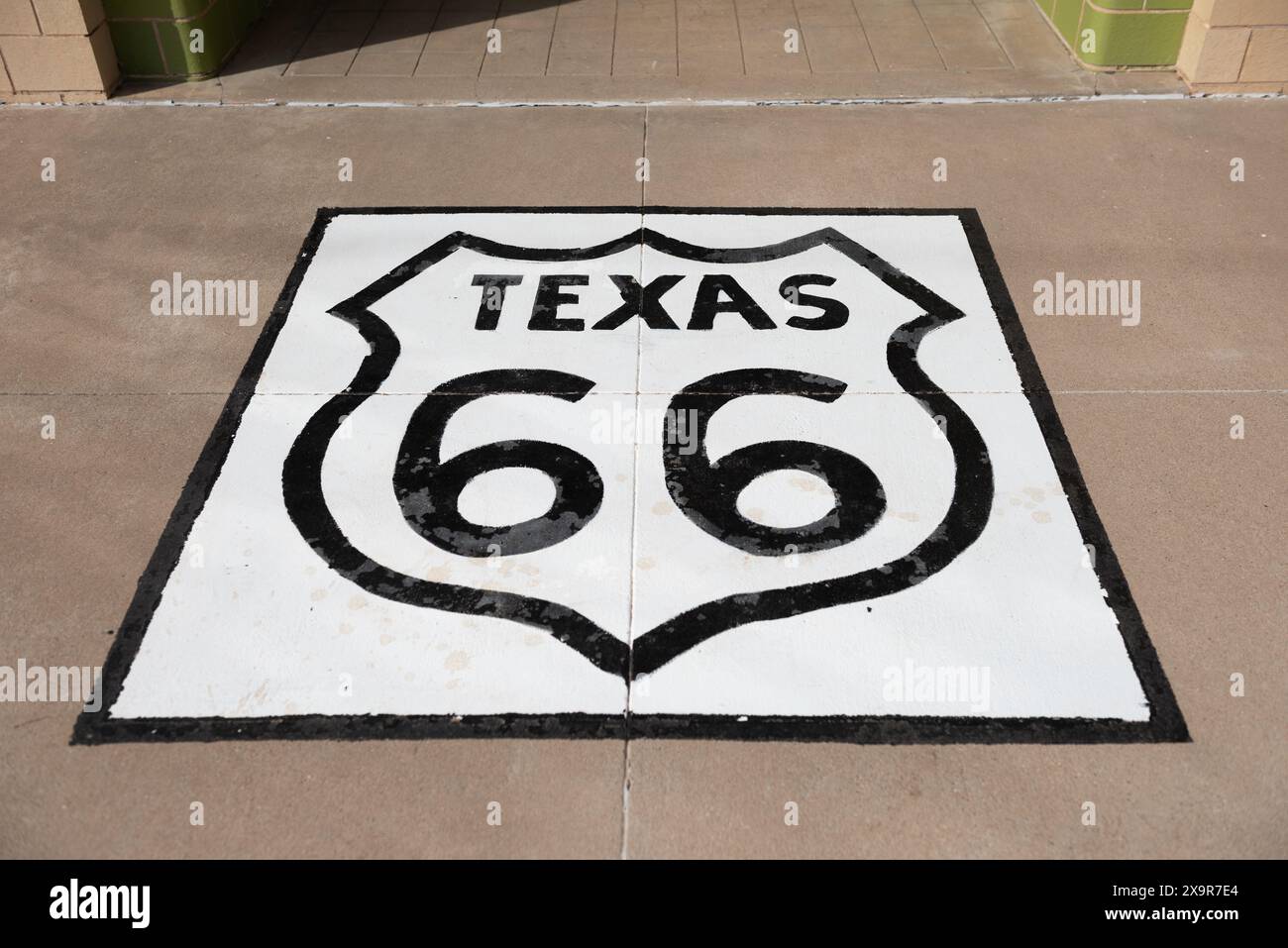 Texas 66 painted on floor at the Tower Station and U Drop Inn Cafe. Opened in 1936, the popular road trip stop offered services to travelers on the Mo Stock Photo