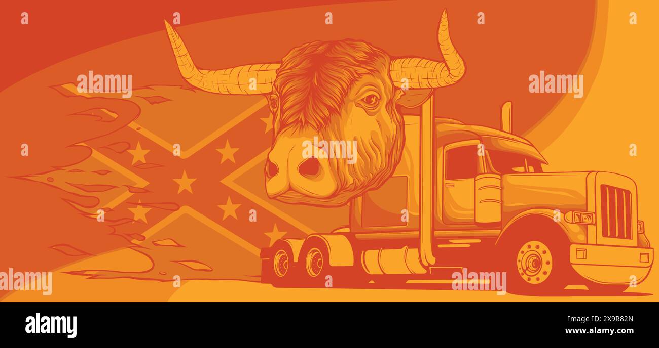 american truck with bull and confederate flag vector illustration design Stock Vector