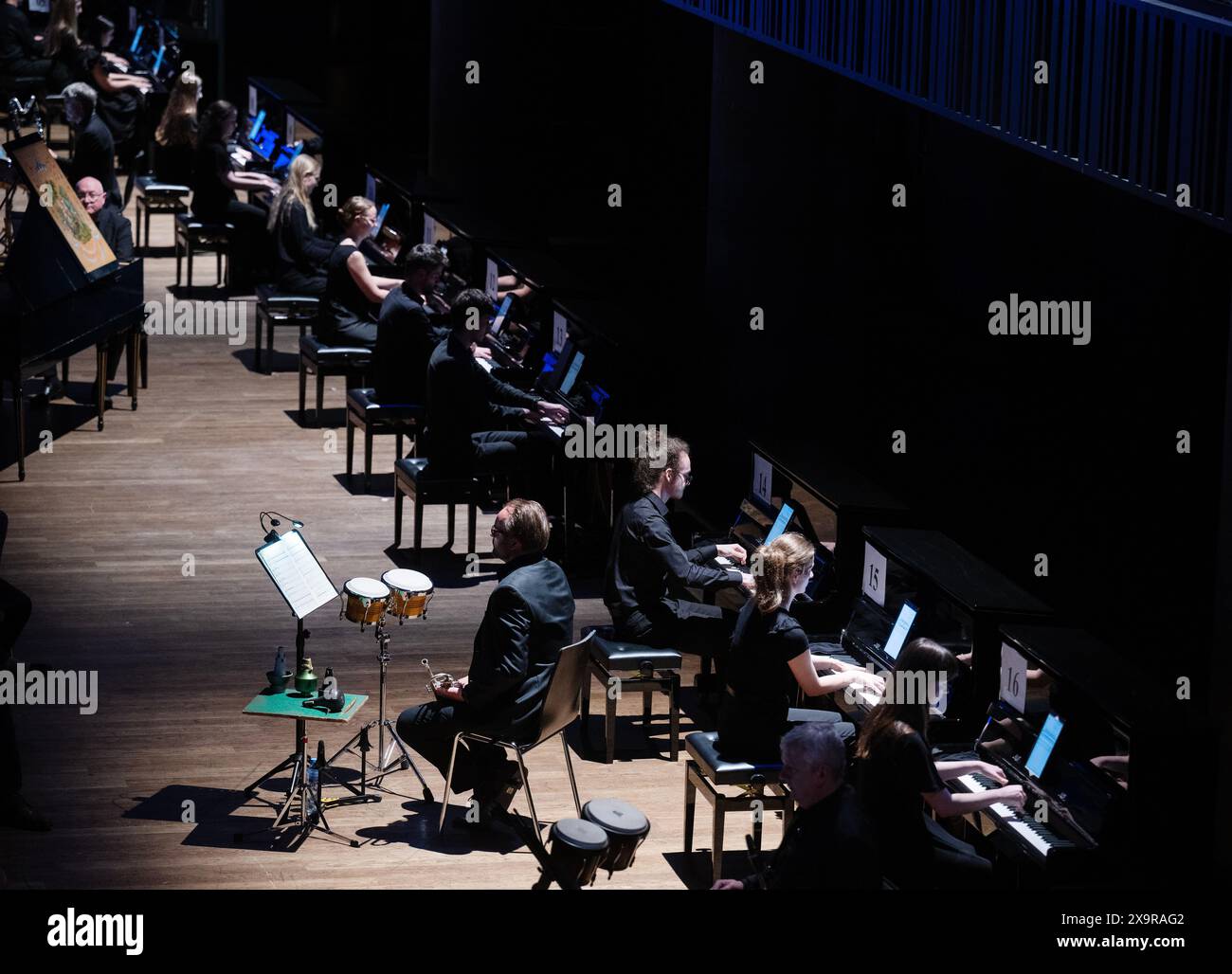 Prague, Czech Republic. 02nd June, 2024. International music festival Prague Spring continues by 11,000 Strings concert by Austrian composer Georg Friedrich Haas for fifty pianos arranged in a circle and tuned in microtones, accompanied by Klangforum Wien, in Forum Karlin, Prague, on June 2nd, 2024. Credit: Michaela Rihova/CTK Photo/Alamy Live News Stock Photo