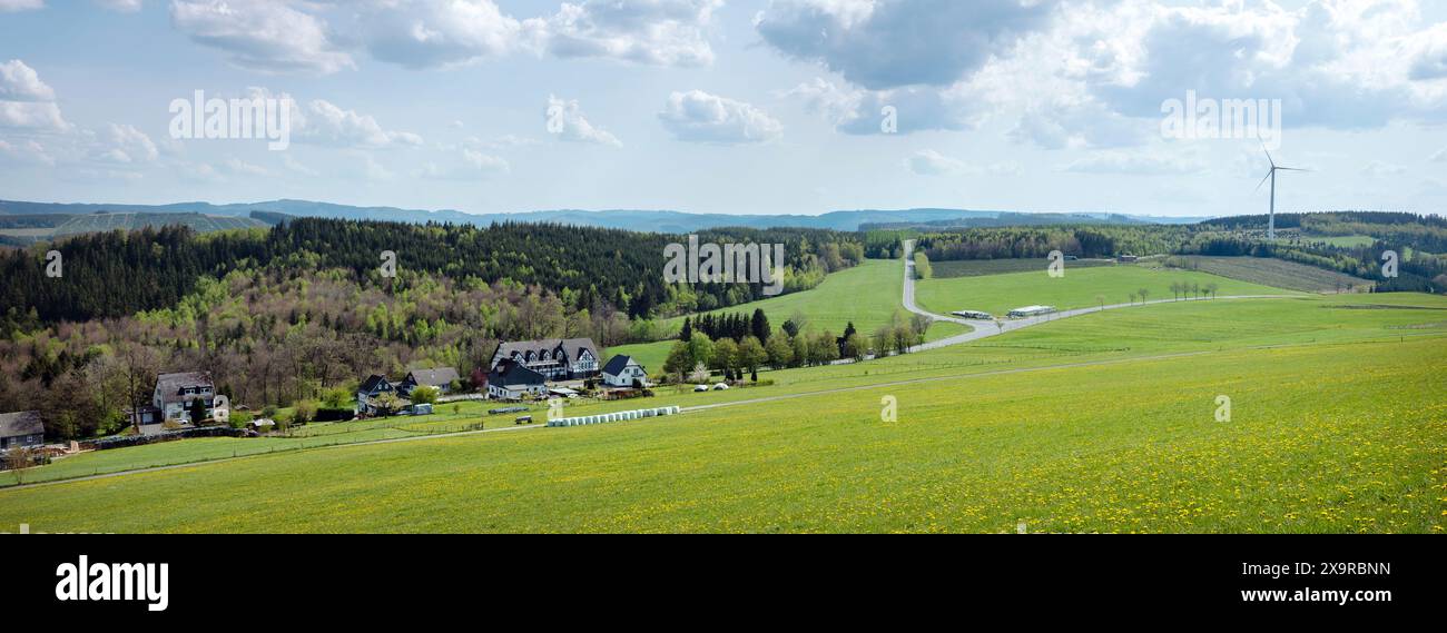 spring landscape and village of Bestwig Wasserfall in german sauerland Stock Photo