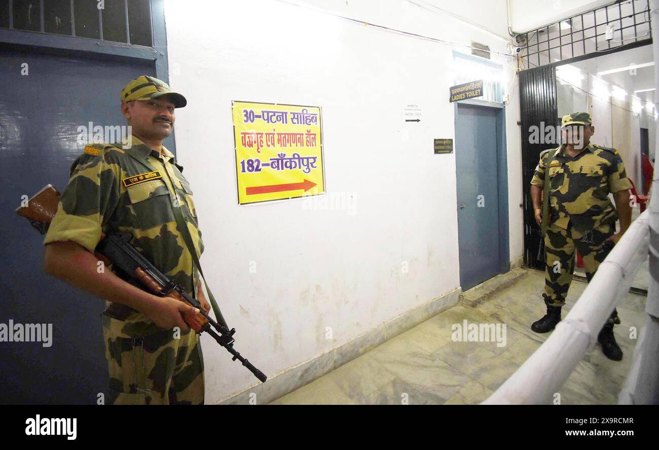 Patna, India. 02nd June, 2024. PATNA, INDIA - JUNE 2: Security personnel guards outside of a strong room where Electronic Voting Machines (EVMs) kept after the seventh and last phase of Lok Sabha polls at A.N. College on June 2, 2024 in Patna, India. (Photo by Santosh Kumar/Hindustan Times/Sipa USA ) Credit: Sipa USA/Alamy Live News Stock Photo