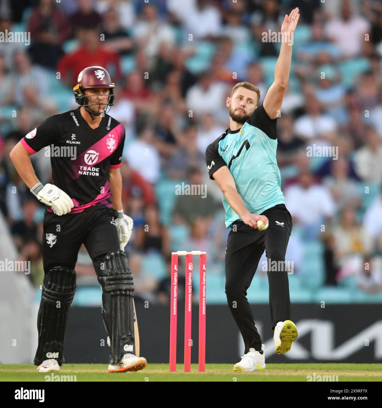 London, England. 2nd Jun 2024. Gus Atkinson bowls during the Vitality ...