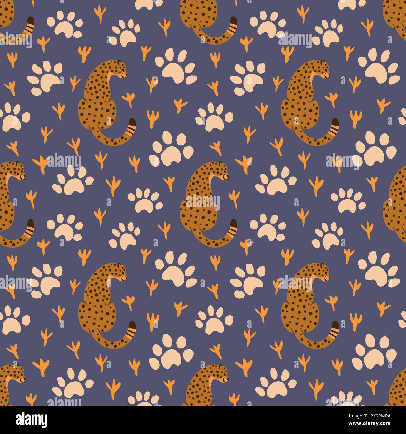 Graceful cheetahs vector seamless pattern and animal tracks for children's clothing, zoo animal tropical playroom decor. Stock Vector
