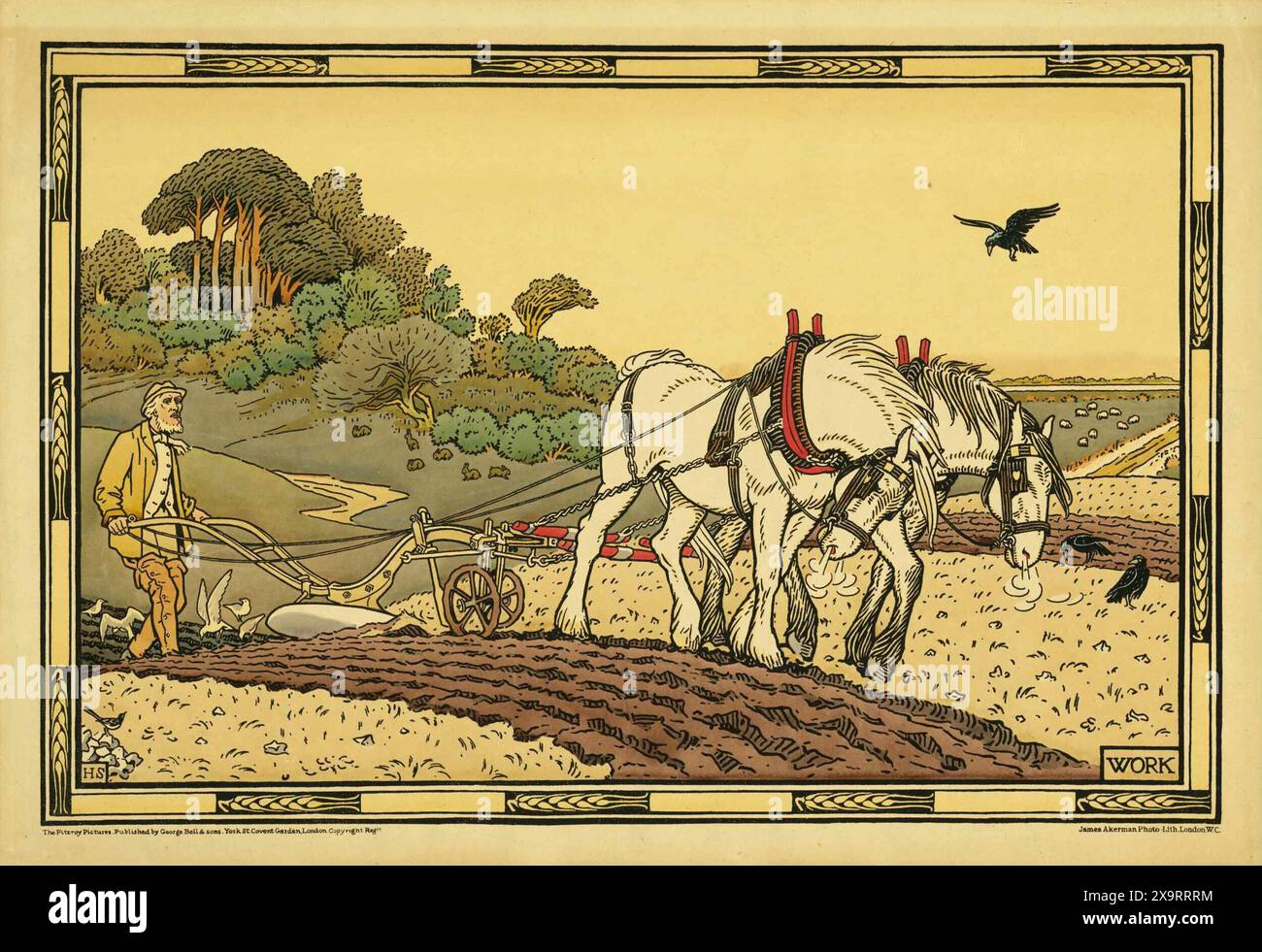"Work" from art by Heywood Sumner. Farmer plowing field with horse ...