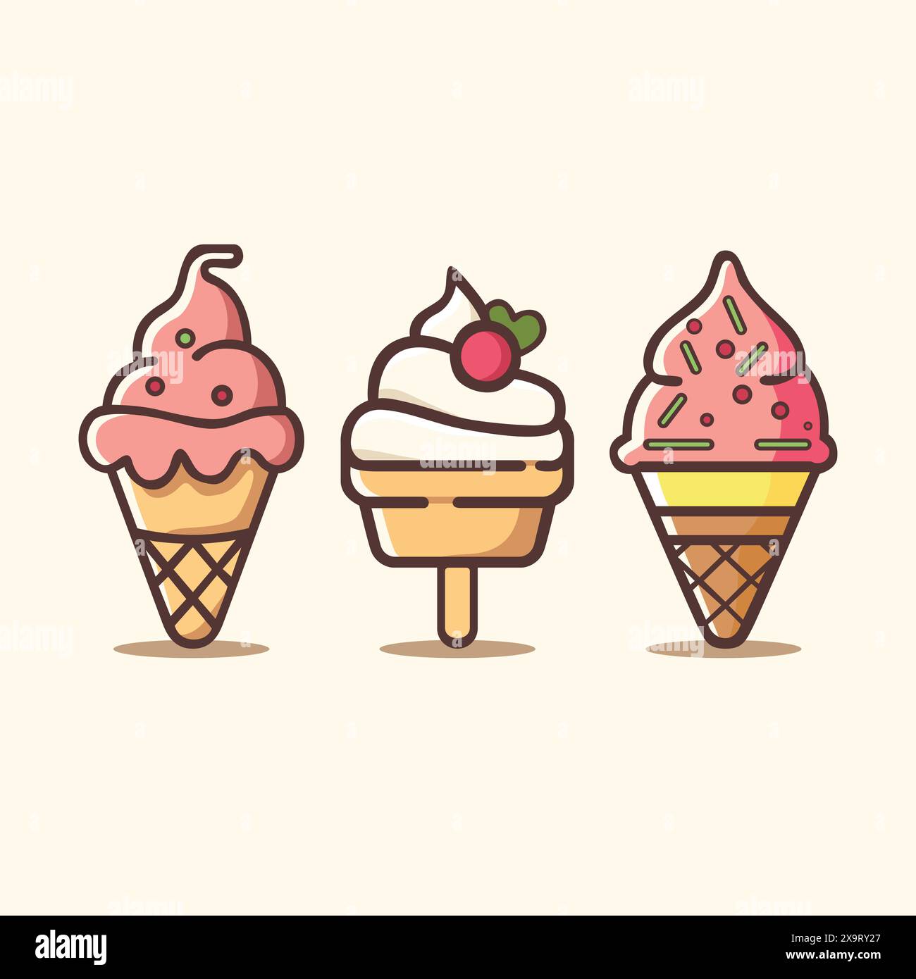 Three vector ice creams in kawaii style. A smiling vanilla cone with ...