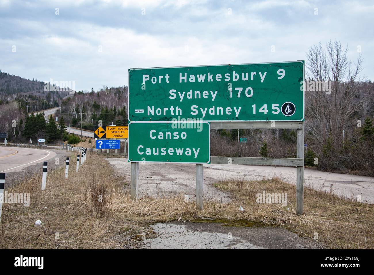 Highway signs on the Canso Causeway in Port Hastings, Nova Scotia