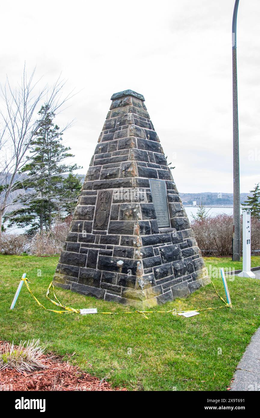 Stone cairn at the Nova Scotia visitors centre in Port Hastings, Nova Scotia, Canada Stock Photo