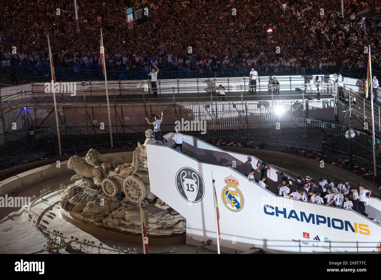 Madrid, Spain. 02nd June, 2024. Real Madrid players celebrating at Cibeles Square during the Real Madrid UEFA Champions League Trophy Parade. Real Madrid won their 15th UEFA Champions League Cup after defeating Borussia Dortmund 2-0 in the Champions League final at London's Wembley Stadium. Credit: Marcos del Mazo/Alamy Live News Stock Photo