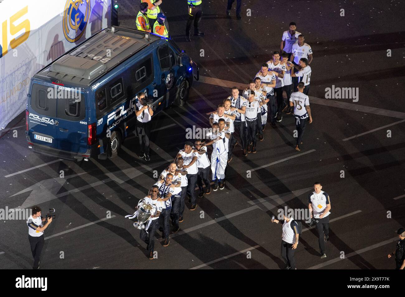 Madrid, Spain. 02nd June, 2024. Real Madrid players celebrating at Cibeles Square during the Real Madrid UEFA Champions League Trophy Parade. Real Madrid won their 15th UEFA Champions League Cup after defeating Borussia Dortmund 2-0 in the Champions League final at London's Wembley Stadium. Credit: Marcos del Mazo/Alamy Live News Stock Photo