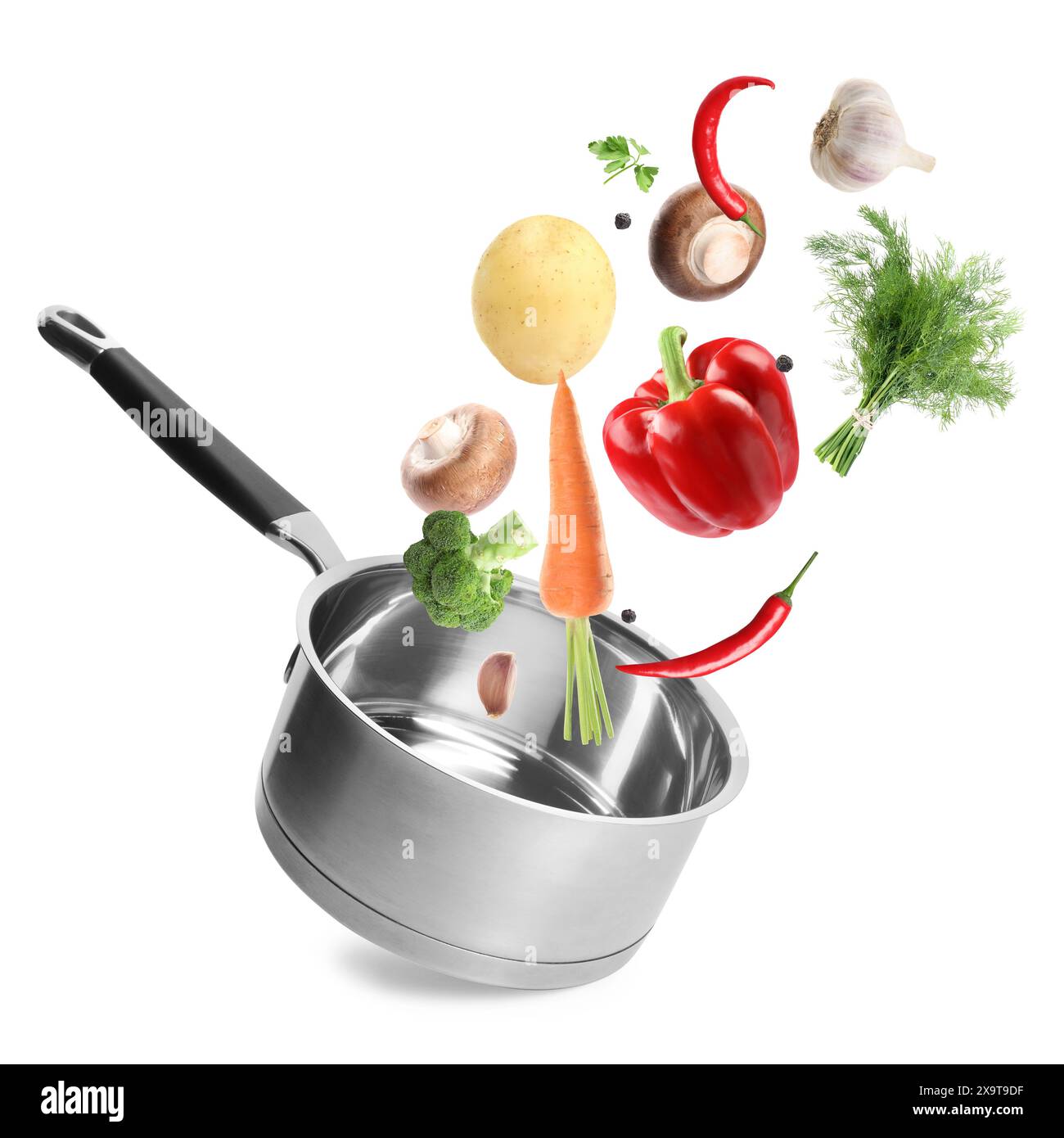 Fresh ingredients falling into saucepan on white background Stock Photo