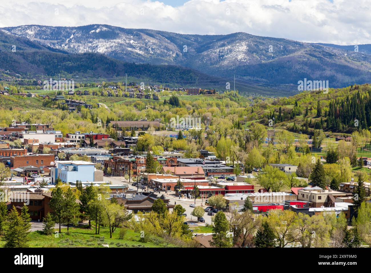 Aerial View of Downtown Steamboat Springs, Colorado, in the spring Stock Photo