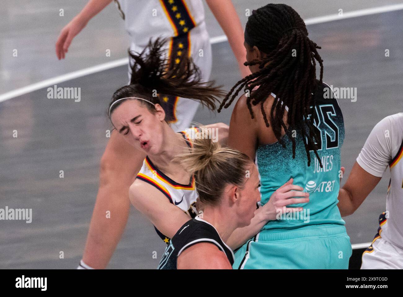 Brooklyn, United States. 02nd June, 2024. Indiana Fever guard Caitlin Clark (22) collides with New York Liberty forward Jonquel Jones (35) during the second half at Barclays Center on Sunday, June 2, 2024 in New York City. Photo by Corey Sipkin/UPI Credit: UPI/Alamy Live News Stock Photo