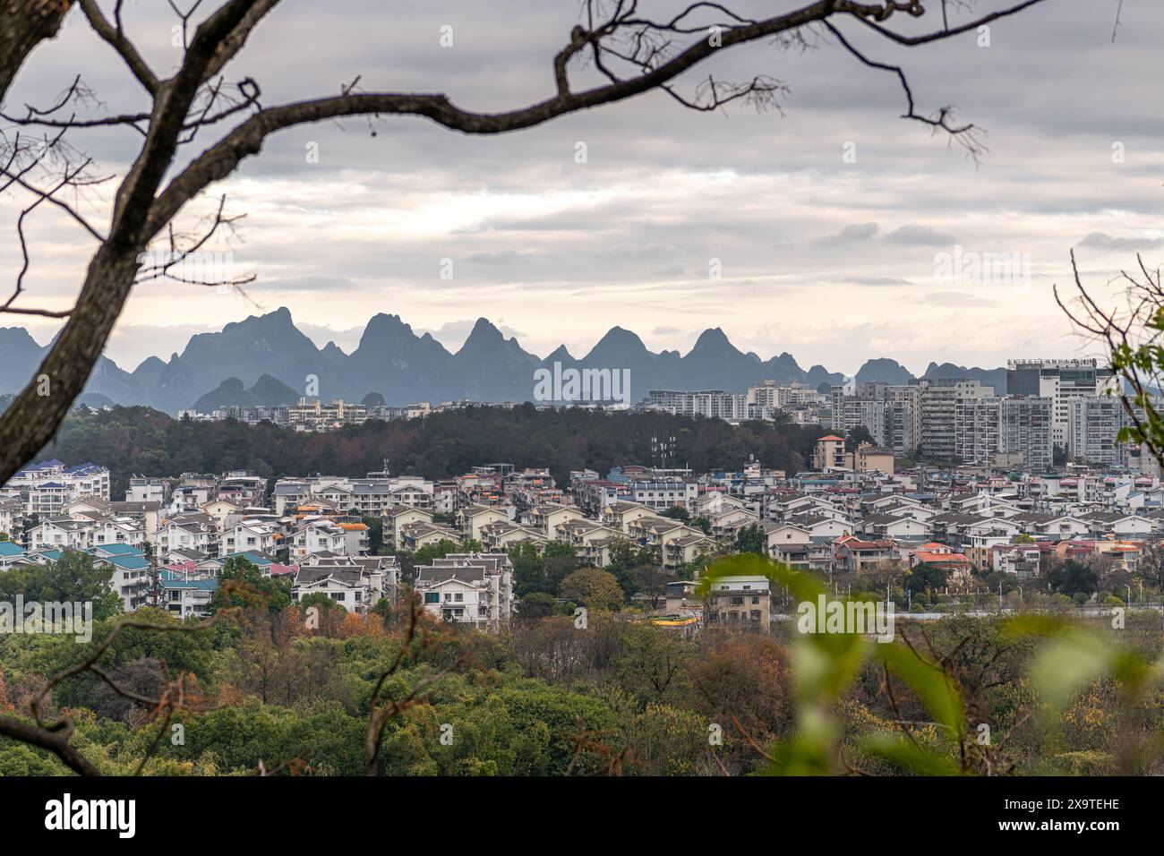 Panoramic view of Guilin city, China. River view, copy space for text Stock Photo