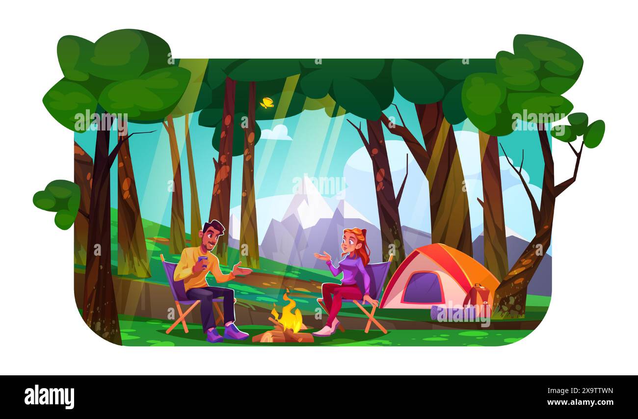 Camping time in forest at foot of mountains. Cartoon vector illustration of young couple sitting on chairs near bonfire and tent. Summer camper vacation or picnic with man and woman talking. Stock Vector