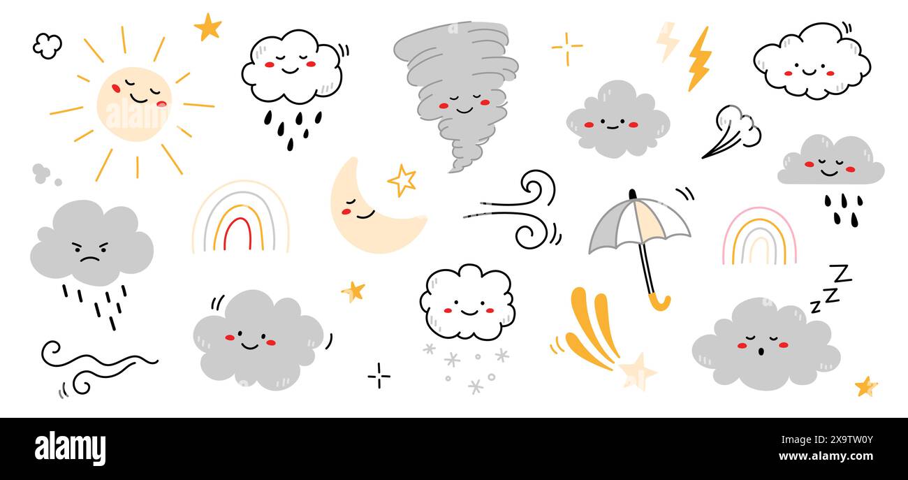 Cloud rain weather cartoon cute set. Cloud, sun, moon weather character with smile and angry face. Hand drawn doodle sketch style. Rainbow, wind, tornado doodle character. Vector illustration. Stock Vector