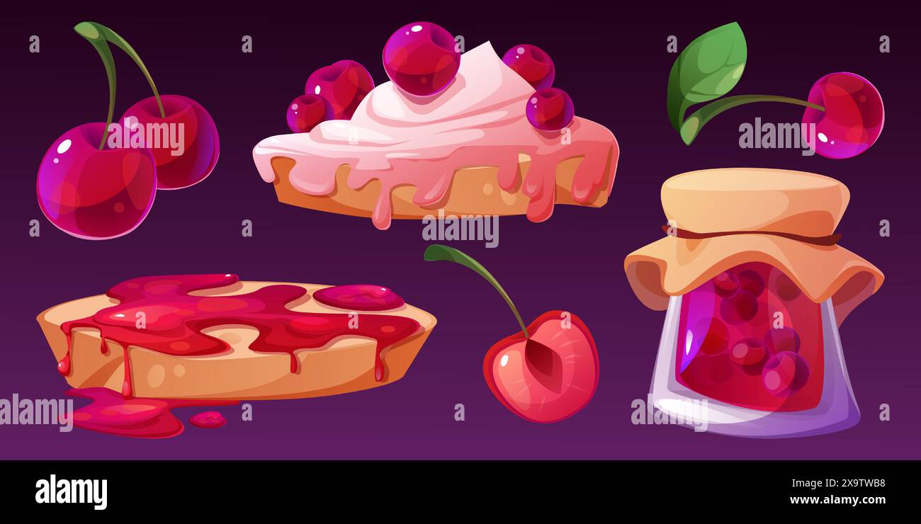 Toast bread with cherry jam and cream. Cartoon vector illustration set ...