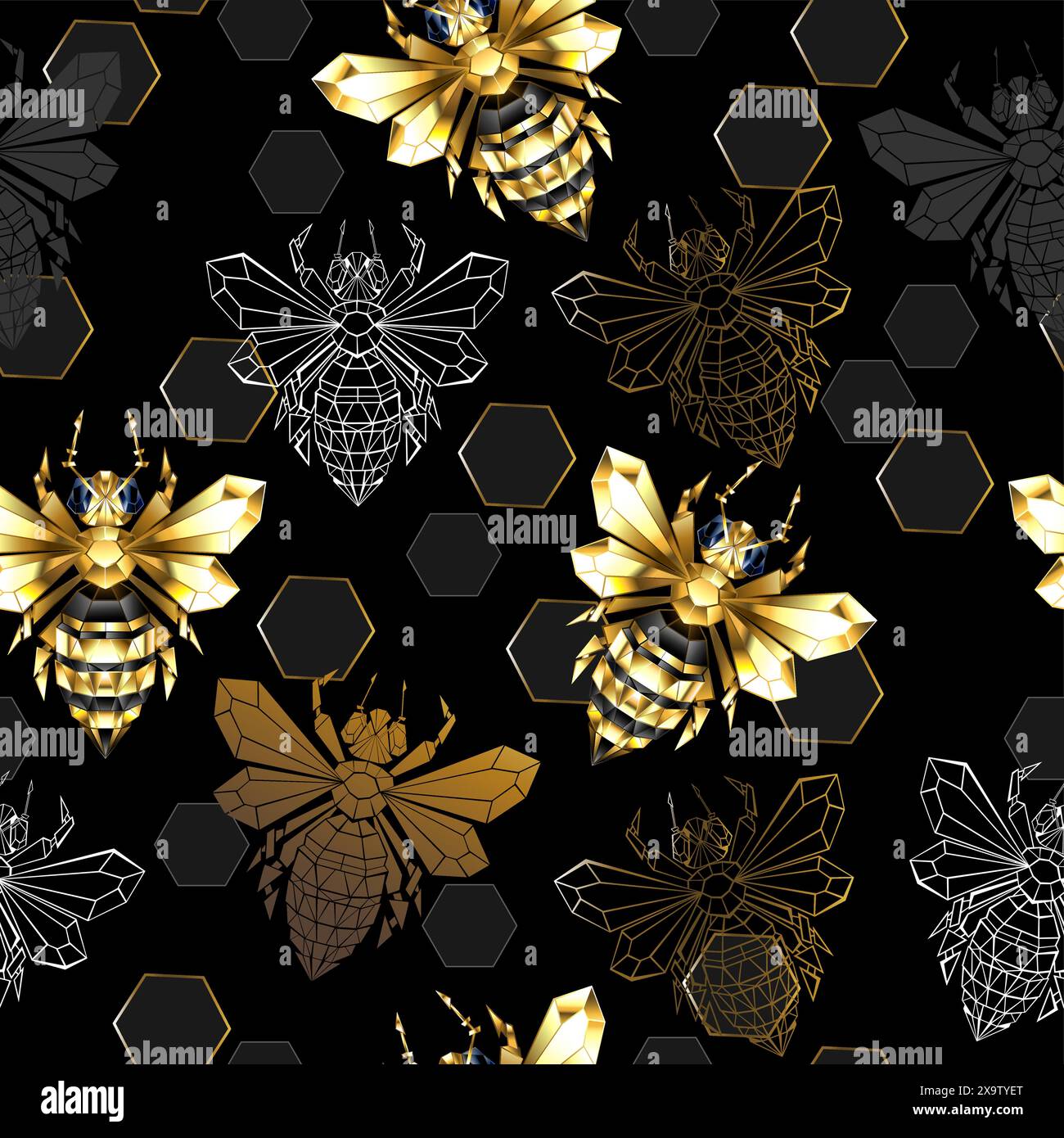 Seamless pattern of shiny gold and contour bees on  black background with honeycombs. Golden Bee. Stock Vector