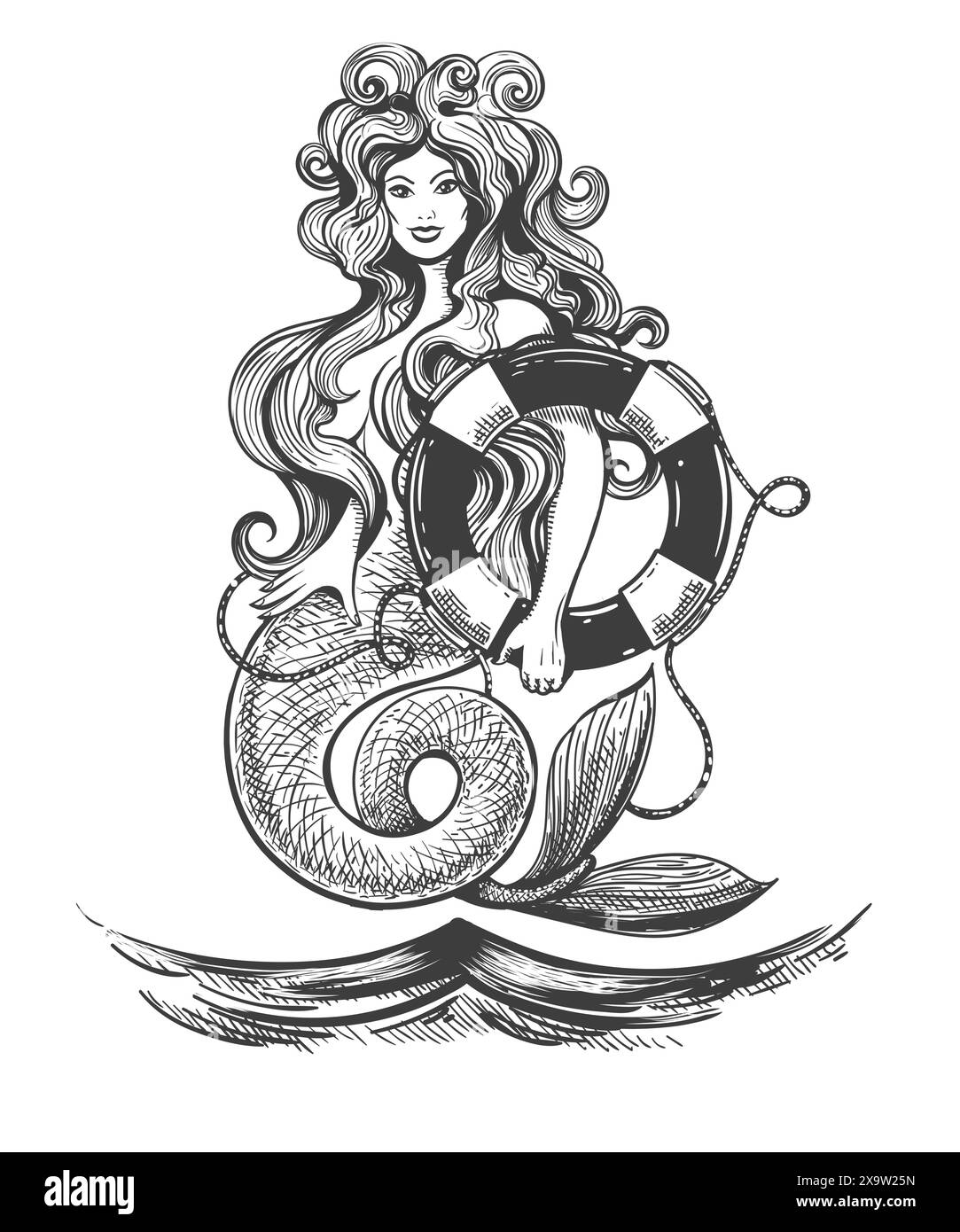 Mermaid with Life Buoy Vintage Style Tattoo isolated on white Background. Vector illustration. No AI sofware was used. Stock Vector