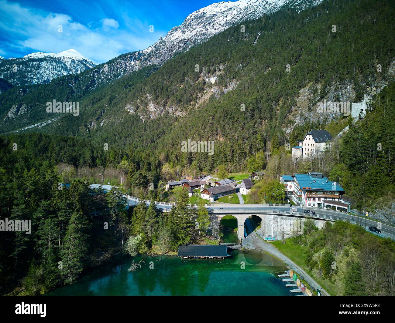 Fernsteinsee Nassereith, Austria. 28th Apr, 2024. Lake Fernstein with Burg Fernstein ...