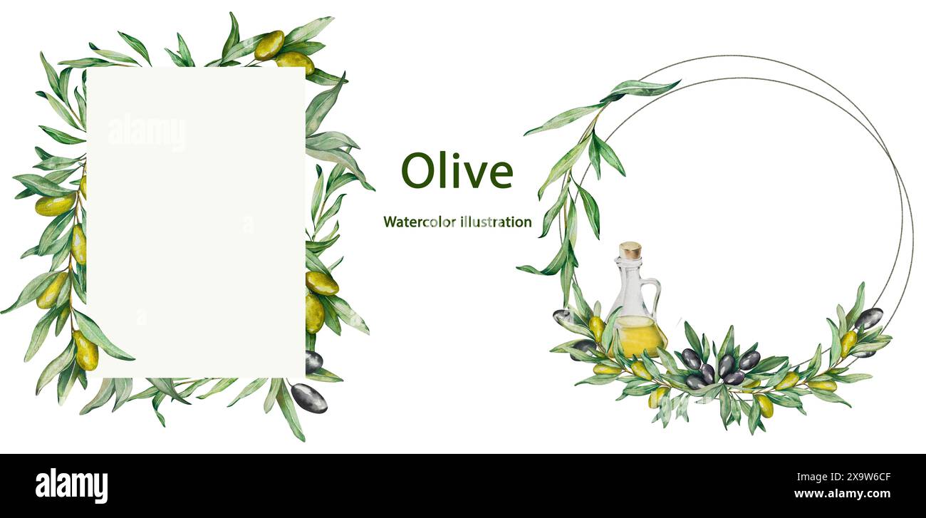 Sat Square Frame, Wreath. Watercolor Green Olives, Twigs with Fruits ...