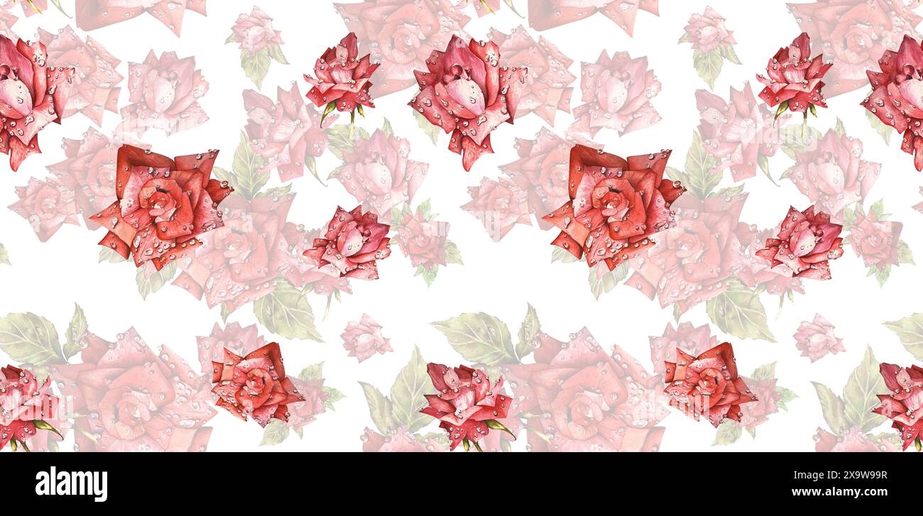 Seamless Pattern Red Scarlet Roses with Raindrops on Petals and Leaves ...