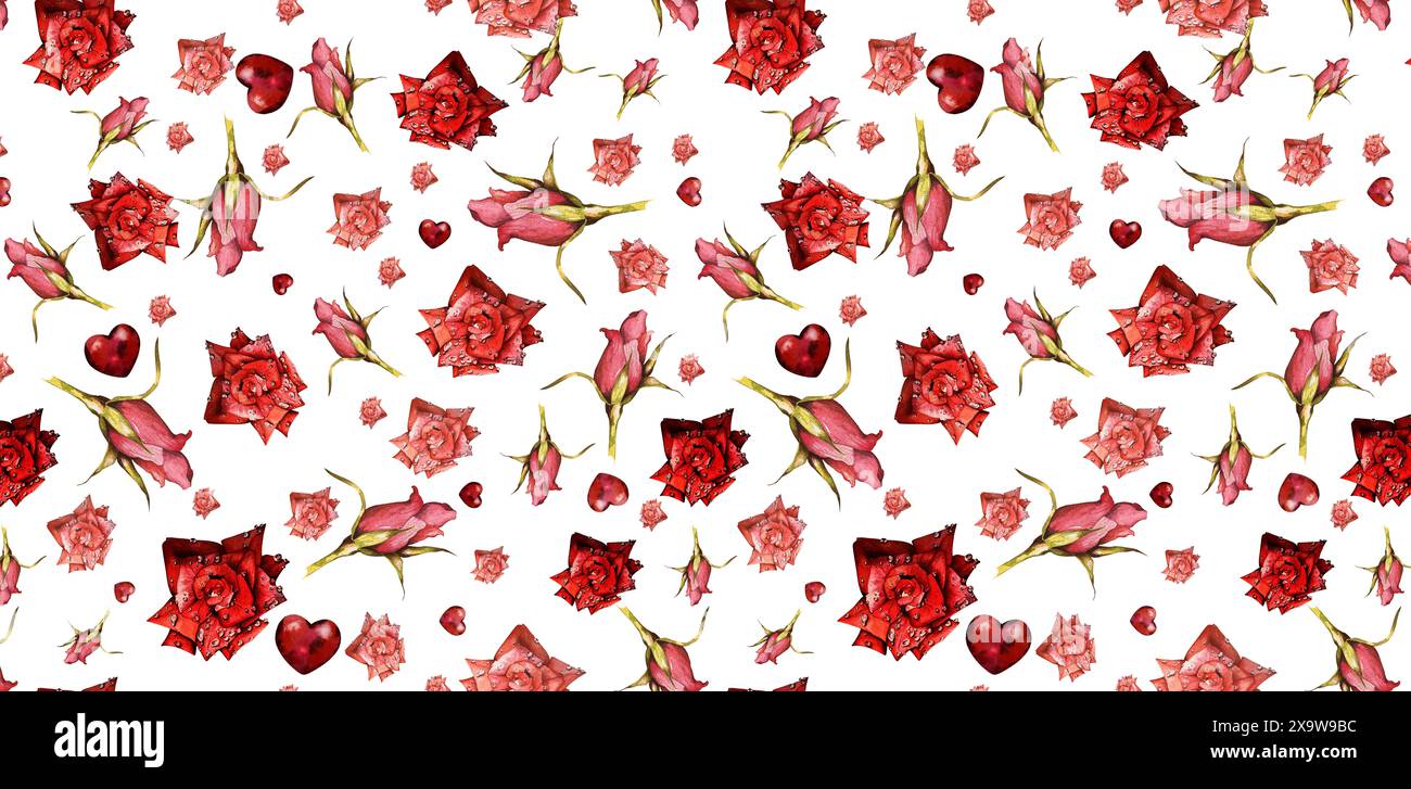 Seamless Pattern Red Scarlet Roses with Raindrops on Petals and Leaves ...